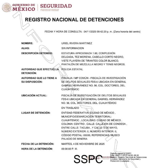 Detienen a Uriel N, por acoso sexual contra la presidenta Sheinbaum en el Centro Histórico de la CDMX 1 registro de detenciones