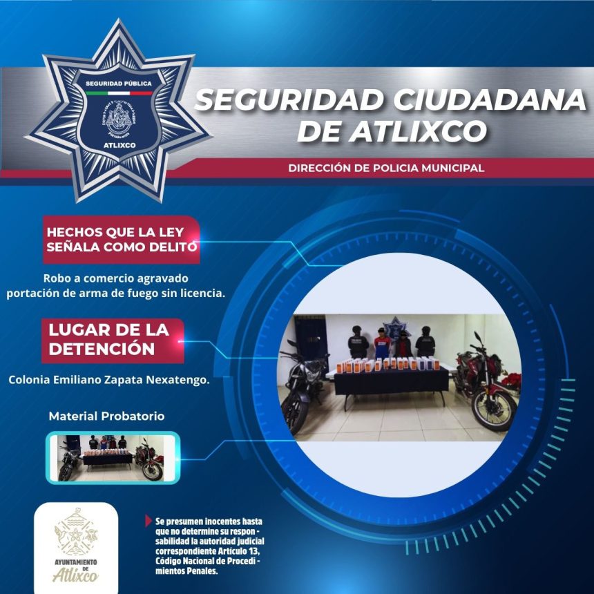 Caen en Atlixco dos asaltantes de tienda de telefonía; portaban armas y motos robadas