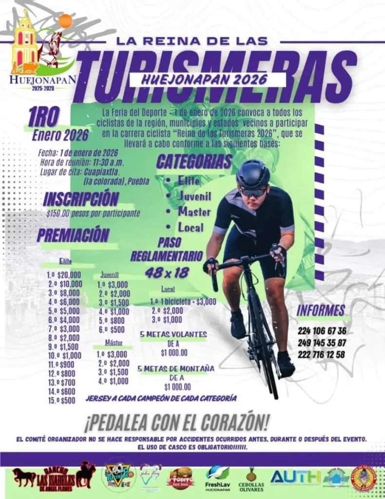 Huejonapan convoca a la carrera ciclista "La Reina de las Turismeras 2026"