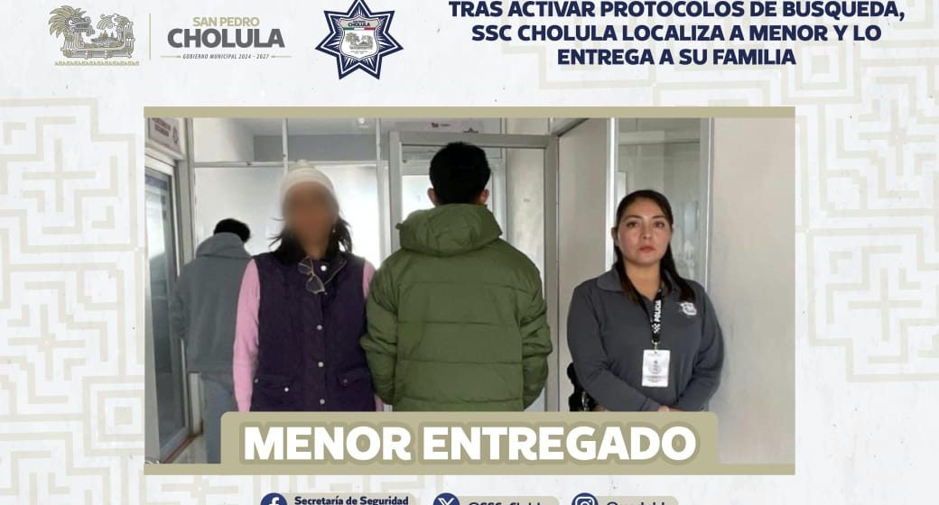 Tras activar protocolos de búsqueda, SSC Cholula localiza a menor y lo entrega a su familia