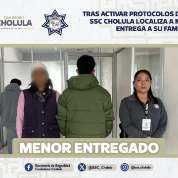 Tras activar protocolos de búsqueda, SSC Cholula localiza a menor y lo entrega a su familia Tras activar protocolos de búsqueda, SSC Cholula localiza a menor y lo entrega a su familia