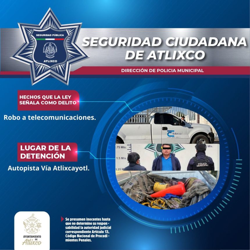 Detienen a sujeto por extracción ilegal de cable en Atlixco
