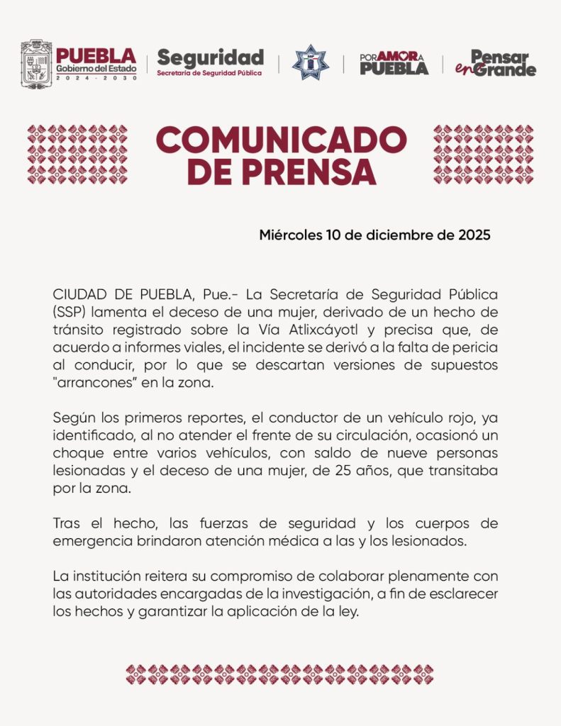 La presidenta municipal, Lupita Cuautle Torres lamenta fallecimiento por accidente en la Vía Atlixcáyotl 1 comunicado