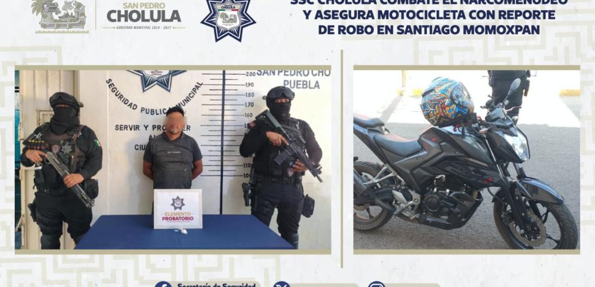 SSC Cholula combate el narcomenudeo y asegura motocicleta con reporte de robo en Santiago Momoxpan