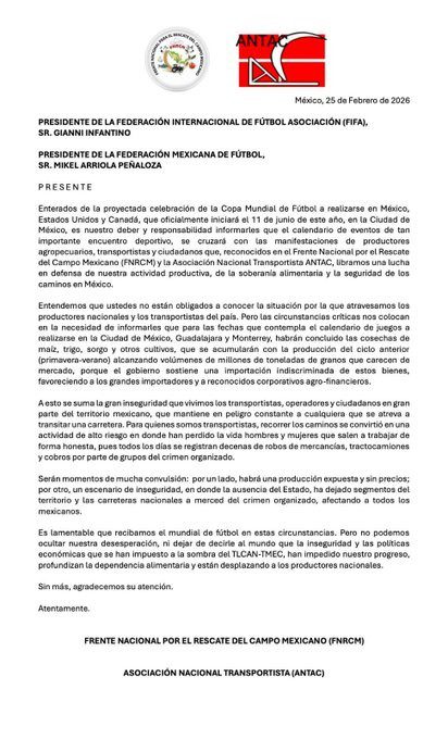 Amenazan con protestas durante el Mundial 2026: Transportistas y agricultores envían carta a la FIFA 1 comunicado