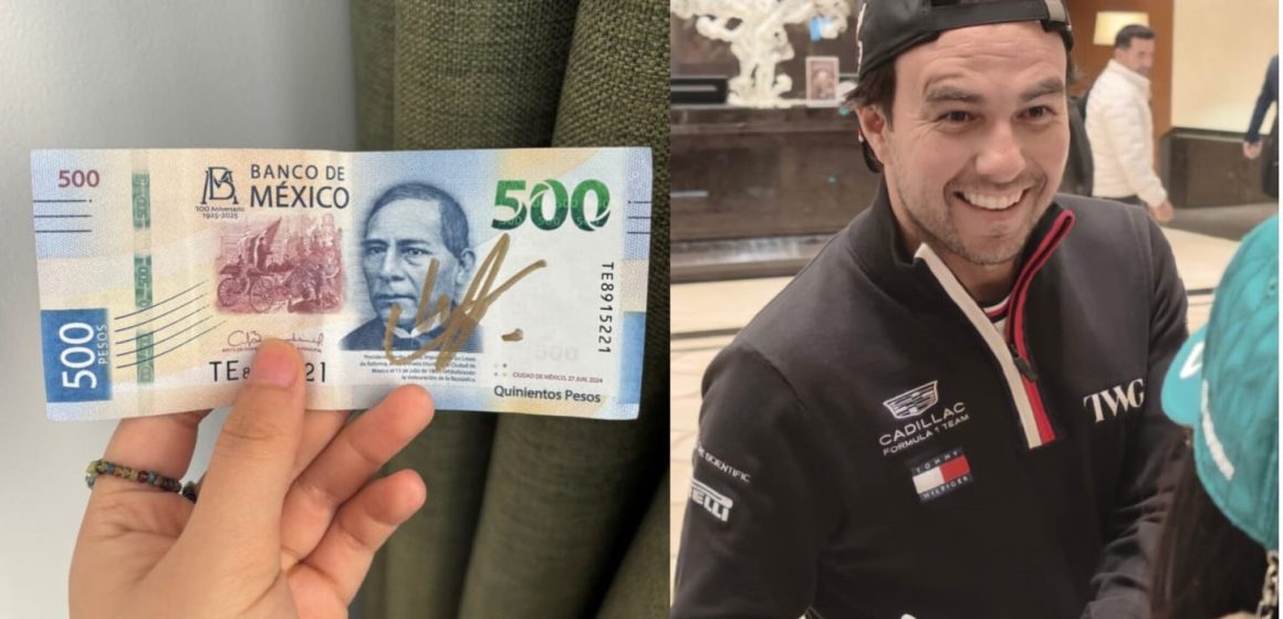 Checo Pérez firma autógrafo en billete de 500 pesos a fan en el GP de China