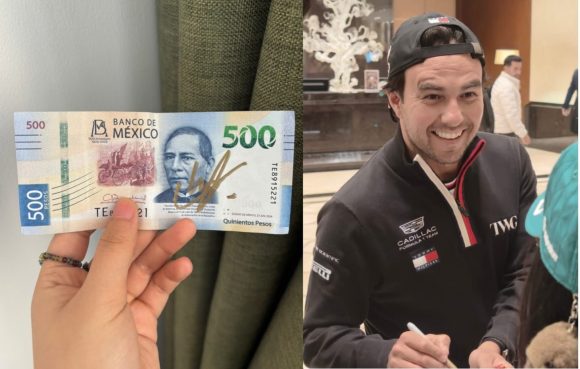 Checo Pérez firma autógrafo en billete de 500 pesos a fan en el GP de China