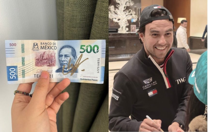 Checo Pérez firma autógrafo en billete de 500 pesos a fan en el GP de China
