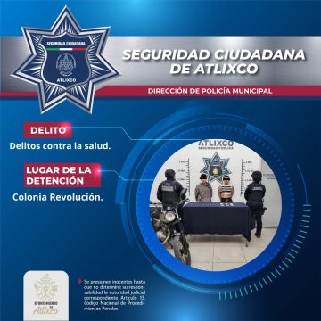 Detienen a dos personas por presuntos delitos contra la salud en Atlixco