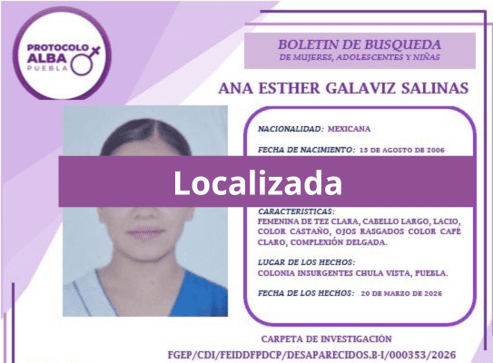 Localizan con vida a joven desaparecida en Puebla: Fiscalía confirma que está a salvo