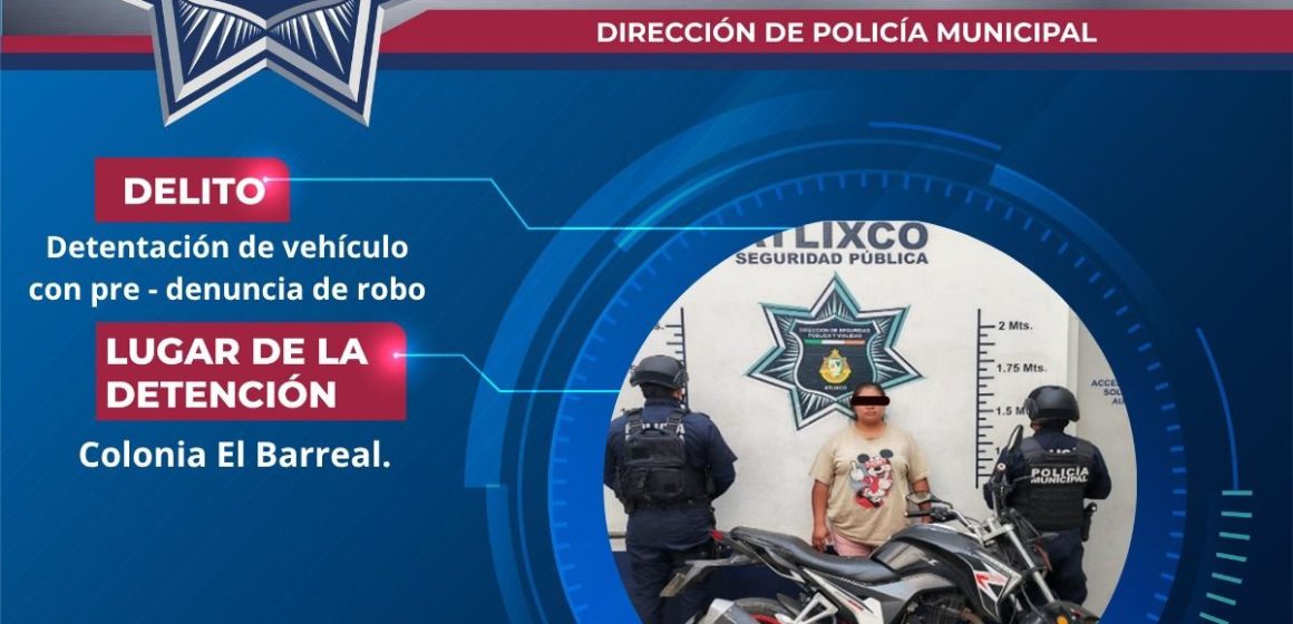 Recuperan motocicleta robada en Atlixco y detienen a una persona durante operativo policial