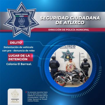 Recuperan motocicleta robada en Atlixco y detienen a una persona durante operativo policial