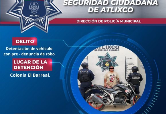 Recuperan motocicleta robada en Atlixco y detienen a una persona durante operativo policial