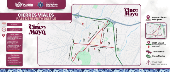 Cierres viales en Puebla  este 28 de abril: Horarios y rutas por Pase de Revista 5 de Mayo