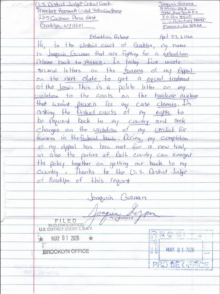 Carta Joaquin El Chapo Guzman extradicion