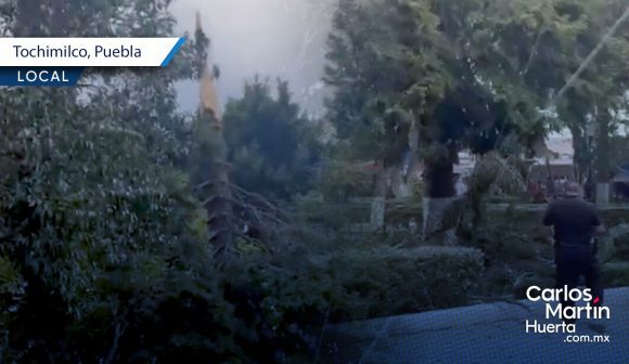 Rayo impacta árbol en el Zócalo de Tochimilco durante la Feria de la Santa Cruz