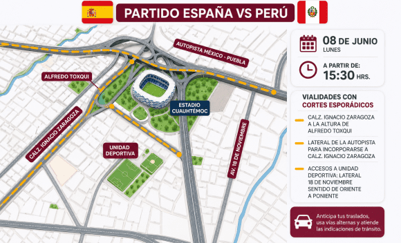 Cortes viales en Puebla por el partido España vs Perú: horarios y calles afectadas