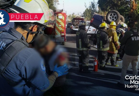 Volcadura en la lateral de la México-Puebla deja tres lesionados