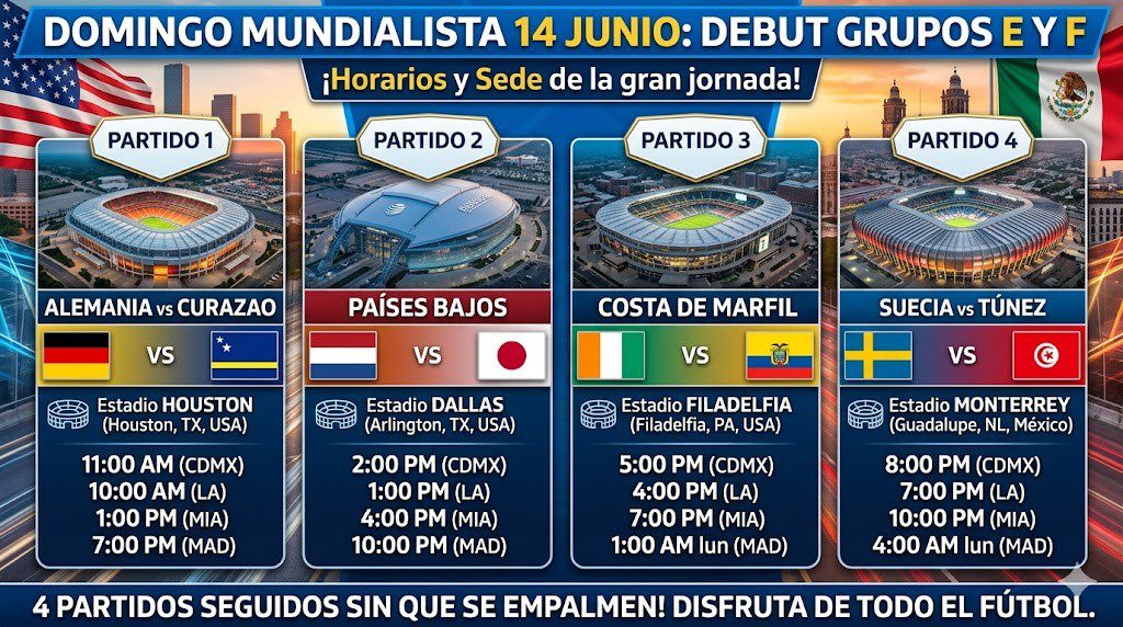 Mundial 2026: Horarios y dónde ver los partidos del domingo 14 de junio 1 estadios