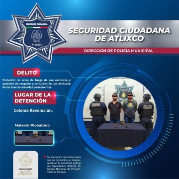 Detienen a dos hombres con arma de fuego de uso exclusivo del Ejército en Atlixco
