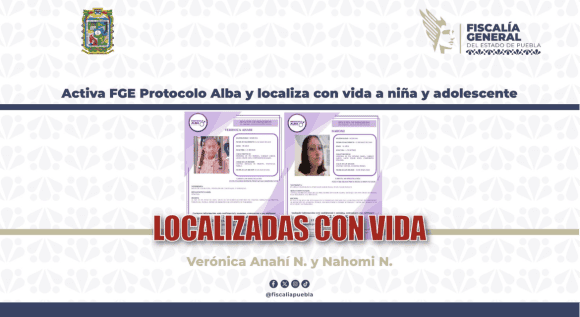 Activa FGE Protocolo Alba y localiza con vida a niña de 8 años y adolescente de 16 en Puebla