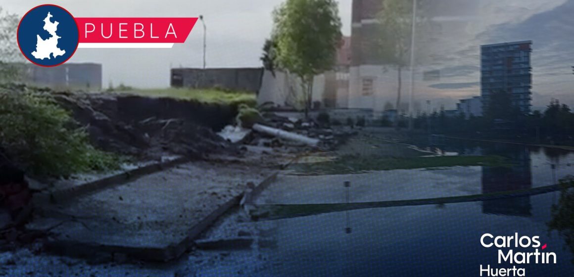Barda colapsada e inundación Parque del Arte Afectaciones por lluvias en Puebla: Barda colapsada, caída de árboles e inundaciones