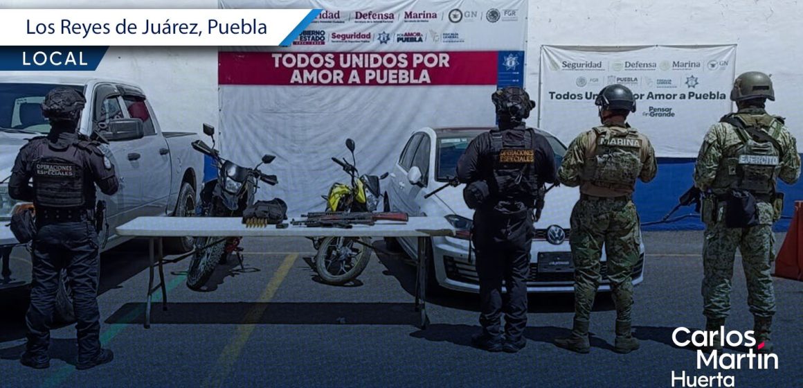 Decomisan arsenal, equipo táctico y vehículos en Los Reyes de Juárez
