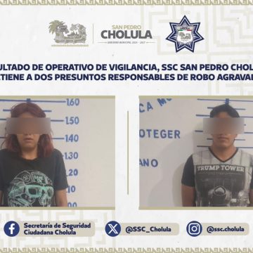 SSC de San Pedro Cholula detiene a dos presuntos responsables de robo agravado
