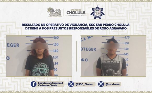 SSC de San Pedro Cholula detiene a dos presuntos responsables de robo agravado