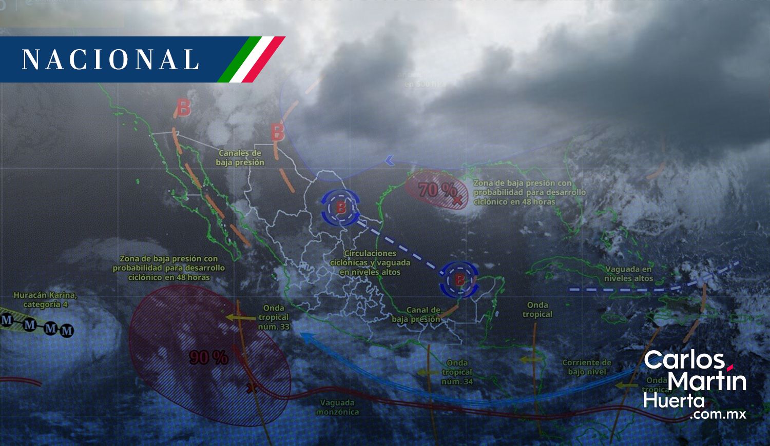Lluvias - Onda tropical 34 Se prevén lluvias muy fuertes en 18 estados y el avance de la onda tropical 34 sobre México