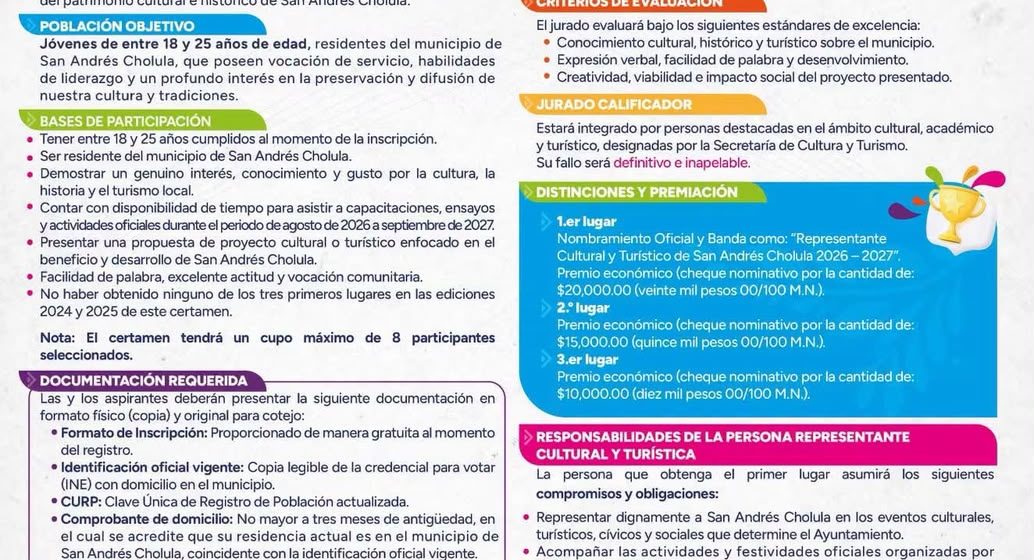 Invita Gobierno de San Andrés Cholula a participar en el certamen Representante Cultural y Turístico 2026