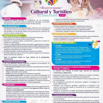 Invita Gobierno de San Andrés Cholula a participar en el certamen Representante Cultural y Turístico 2026