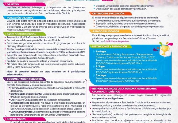 Invita Gobierno de San Andrés Cholula a participar en el certamen Representante Cultural y Turístico 2026