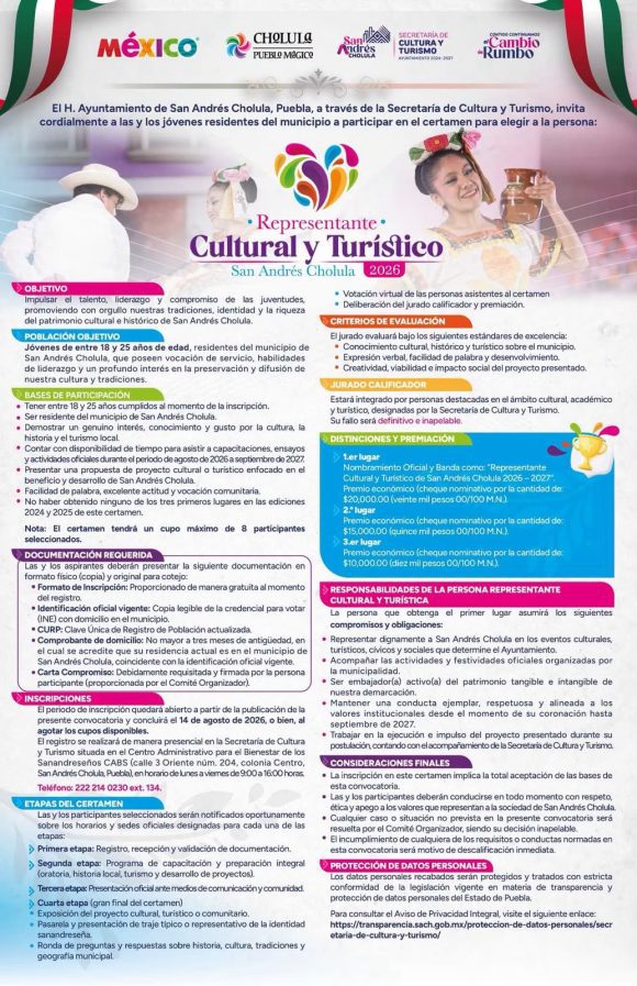 Invita Gobierno de San Andrés Cholula a participar en el certamen Representante Cultural y Turístico 2026