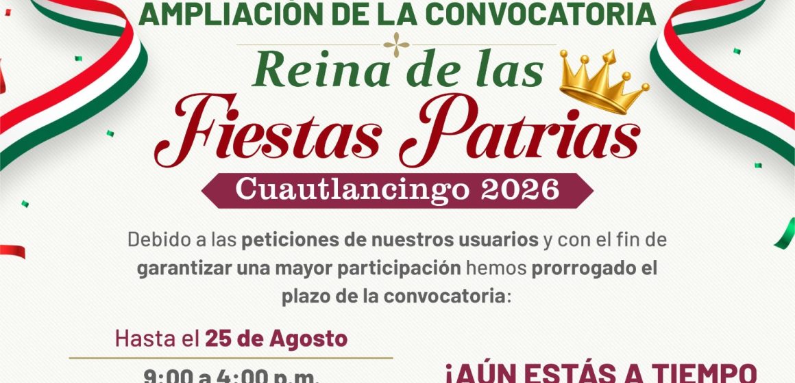 Amplían inscripción para Reina de las Fiestas Patrias 2026 en Cuautlancingo