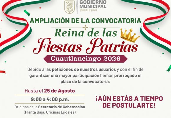Amplían inscripción para Reina de las Fiestas Patrias 2026 en Cuautlancingo