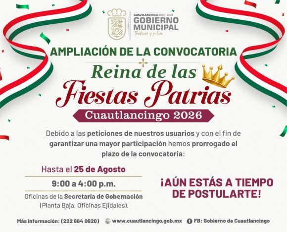 Amplían inscripción para Reina de las Fiestas Patrias 2026 en Cuautlancingo