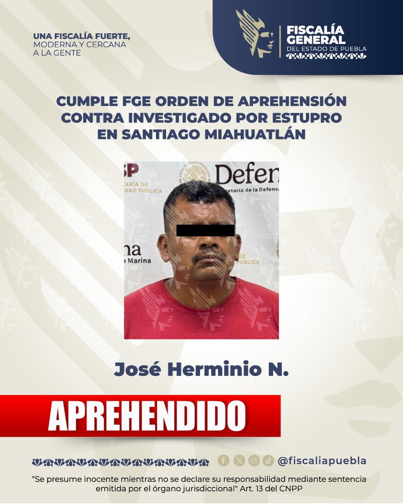 Fiscalía de Puebla detiene a hombre investigado por estupro en Santiago Miahuatlán 1 503