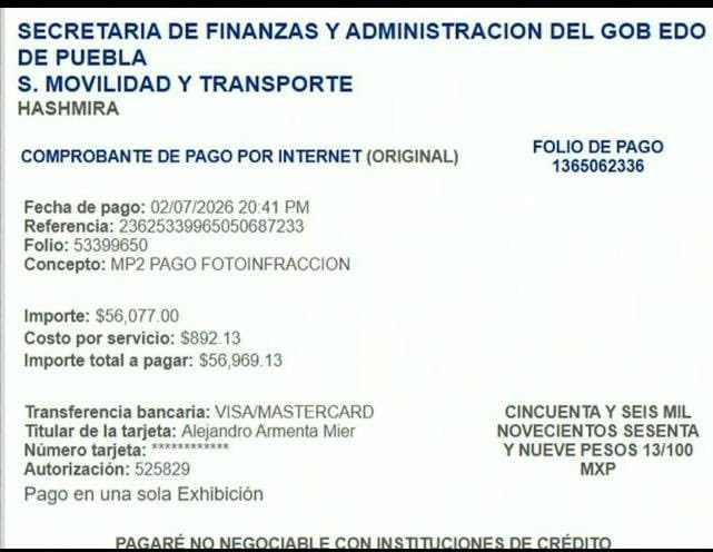 Alejandro Armenta paga más de 56 mil pesos por fotomultas de su camioneta; muestran recibo 1 Comprobante Fotomultas Armenta