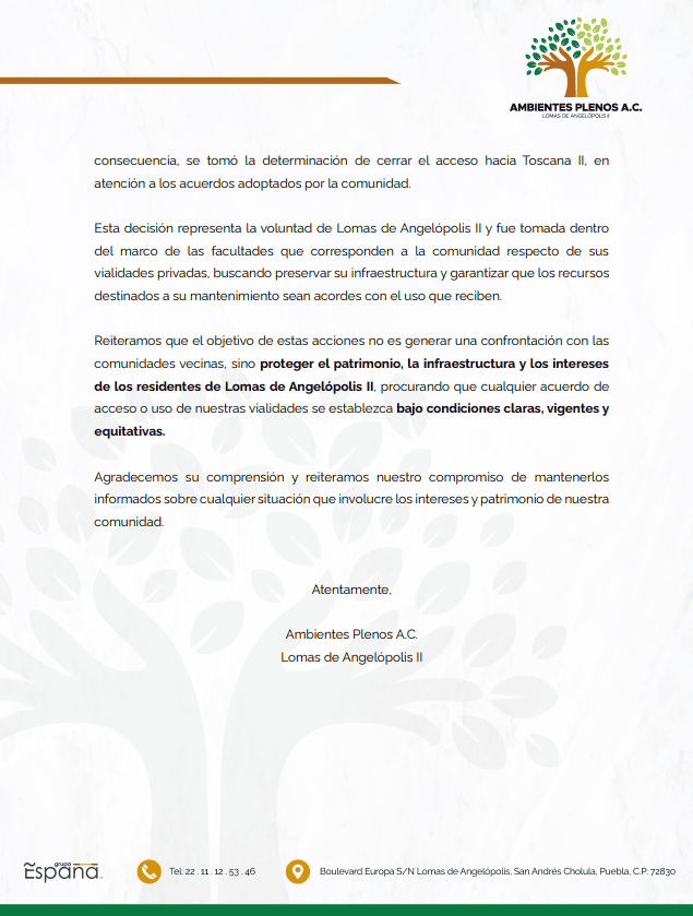 Comunicado Lomas de Angelópolis II sobre Toscana II DOS