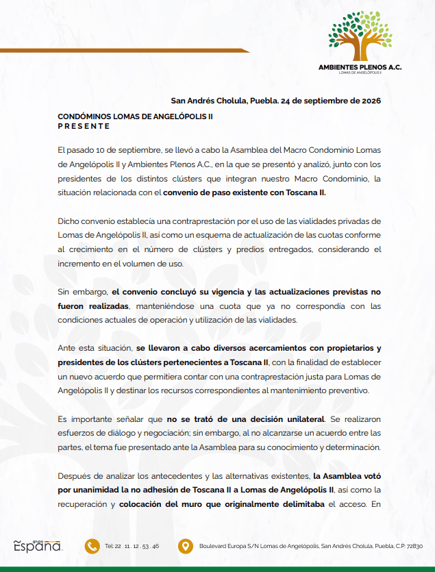 Comunicado Lomas de Angelópolis II sobre Toscana II