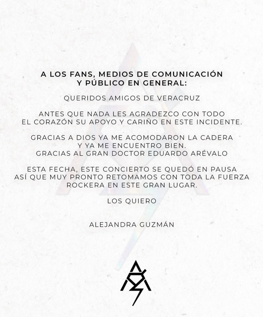 "Se me zafó la cadera”: Alejandra Guzmán interrumpe concierto y termina en el hospital 1 comunicado