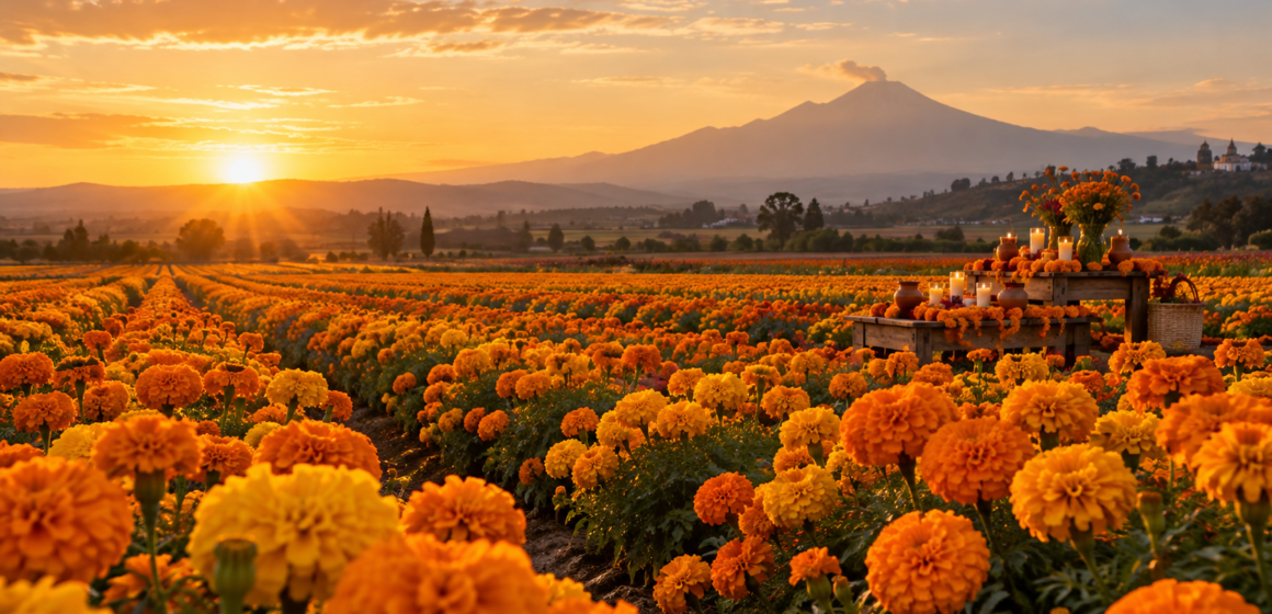 Atardecer entre cempasúchiles en Atlixco. AI Flor de Muertos Flor de Cempasúchil