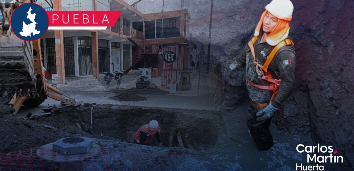 Atiende Agua de Puebla fuga de agua potable y hundimiento en la 25 Sur