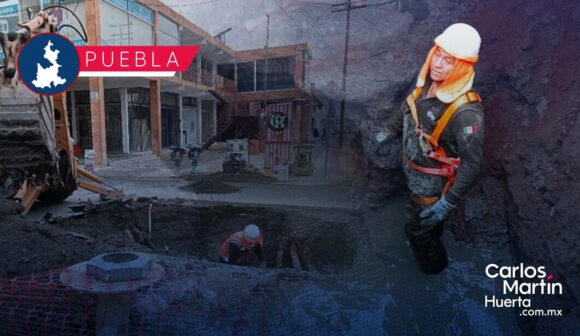 Atiende Agua de Puebla fuga de agua potable y hundimiento en la 25 Sur
