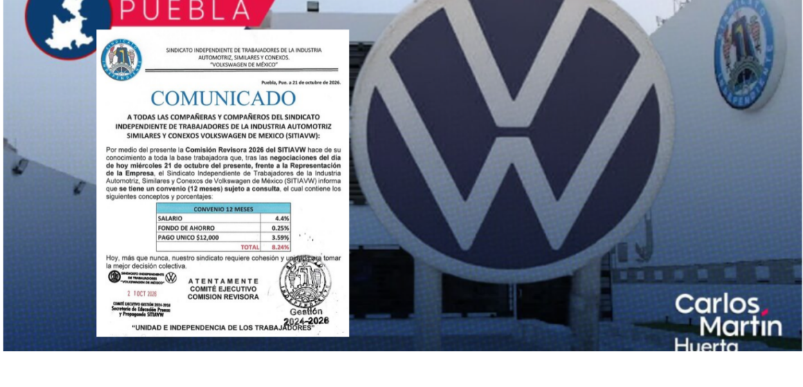 Volkswagen Puebla y SITIAVW acuerdan oferta de 8.24% y evitan huelga; falta consulta sindical