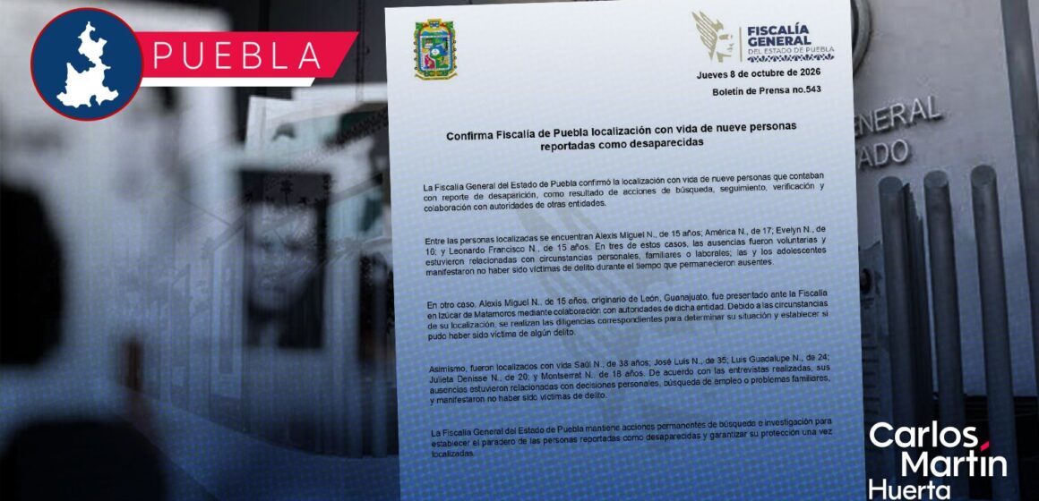 Fiscalía localiza con vida a nueve personas reportadas como desaparecidas en Puebla