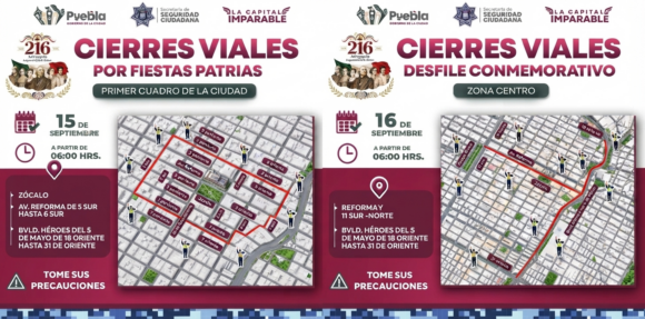 Cierres viales en Puebla capital este 15 y 16 de septiembre