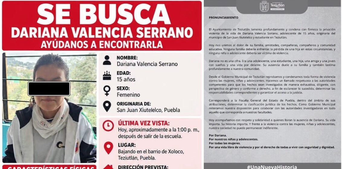Ayuntamiento de Teziutlán condena asesinato de Dariana Valencia, adolescente de 15 años
