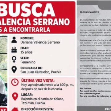 Ayuntamiento de Teziutlán condena asesinato de Dariana Valencia, adolescente de 15 años